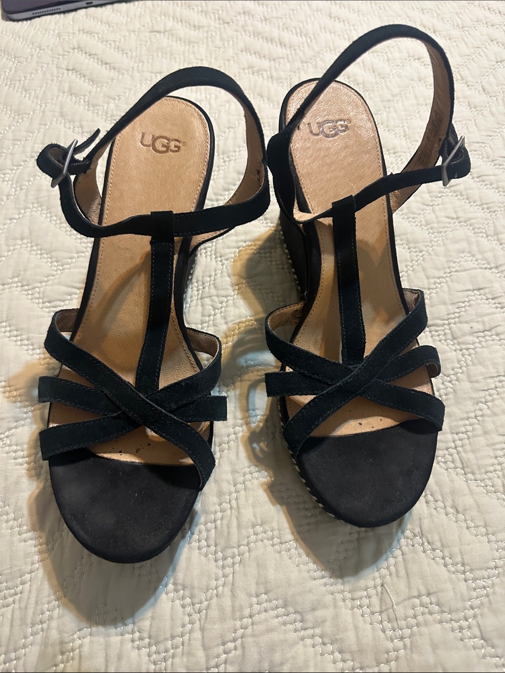 UGG Black Suede Strappy T‑Bar Heel Sandals